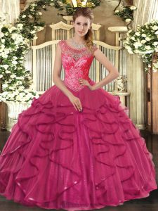 Spectacular Floor Length Ball Gowns Sleeveless Hot Pink Quinceanera Dress Lace Up