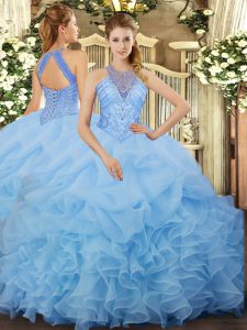 Halter Top Sleeveless Quinceanera Dress Floor Length Beading and Ruffles and Pick Ups Aqua Blue Organza