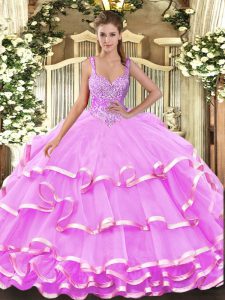 Sleeveless Lace Up Floor Length Beading and Ruffled Layers Sweet 16 Dress