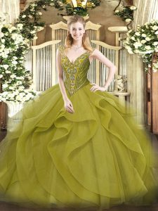 Elegant Olive Green Sleeveless Floor Length Beading and Ruffles Lace Up Ball Gown Prom Dress