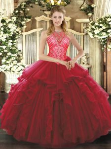 Enchanting Organza High-neck Sleeveless Lace Up Ruffles Sweet 16 Quinceanera Dress in Wine Red