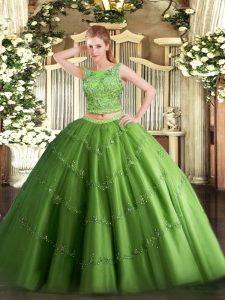 Edgy Green Scoop Lace Up Beading and Appliques Quinceanera Gown Sleeveless