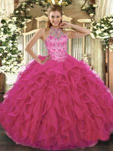 Hot Pink Sleeveless Floor Length Beading and Embroidery Lace Up Sweet 16 Quinceanera Dress