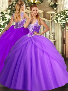 Lavender Ball Gowns Beading and Pick Ups Sweet 16 Dress Lace Up Tulle Sleeveless Floor Length