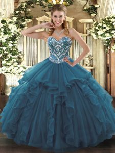 Fabulous Teal Lace Up Sweetheart Beading and Ruffles Quinceanera Dresses Tulle Sleeveless