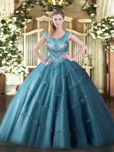 Ball Gowns Sweet 16 Dress Teal Scoop Tulle Sleeveless Floor Length Lace Up