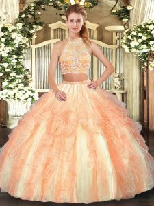 Fine Gold Two Pieces Halter Top Sleeveless Tulle Floor Length Criss Cross Beading and Ruffled Layers 15 Quinceanera Dress