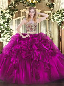 Simple Fuchsia Lace Up Sweet 16 Dresses Beading and Ruffles Sleeveless Floor Length