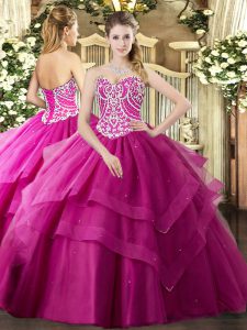Delicate Fuchsia Lace Up Sweetheart Beading and Ruffled Layers Sweet 16 Quinceanera Dress Tulle Sleeveless
