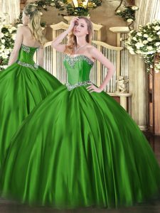 Green Ball Gowns Beading Quinceanera Dress Lace Up Satin Sleeveless Floor Length