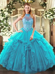Flare Teal Halter Top Lace Up Beading and Ruffles Quinceanera Gowns Sleeveless