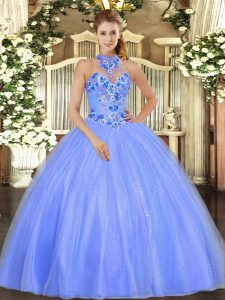 Charming Blue Quinceanera Dresses Military Ball and Quinceanera with Embroidery Halter Top Sleeveless Lace Up
