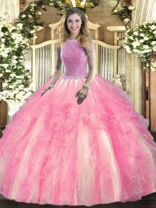 Sleeveless Tulle Floor Length Lace Up Vestidos de Quinceanera in Rose Pink with Beading and Ruffles