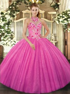 Eye-catching Hot Pink Halter Top Lace Up Beading and Embroidery Sweet 16 Dresses Sleeveless