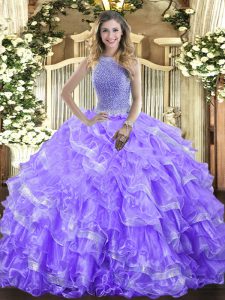 Flirting High-neck Sleeveless Organza Ball Gown Prom Dress Beading and Ruffled Layers Lace Up