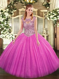 Fuchsia Sleeveless Floor Length Beading Lace Up Quinceanera Gown