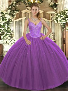 Fabulous Tulle V-neck Sleeveless Lace Up Beading Sweet 16 Dress in Purple