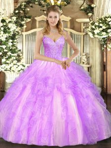 Deluxe V-neck Sleeveless Quinceanera Dress Floor Length Beading and Ruffles Lilac Tulle
