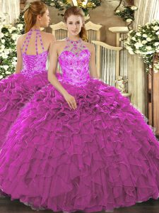 Top Selling Fuchsia Lace Up Halter Top Beading and Embroidery and Ruffles Quince Ball Gowns Organza Sleeveless