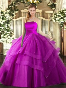 Floor Length Fuchsia Quinceanera Gown Tulle Sleeveless Ruffled Layers