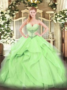 Sweetheart Sleeveless Quinceanera Dresses Floor Length Beading and Ruffles Yellow Green Tulle