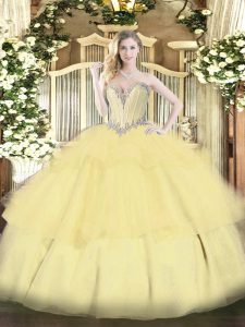 Delicate Gold Sweetheart Lace Up Beading and Ruffled Layers Quinceanera Dresses Sleeveless