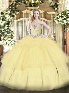 Delicate Gold Sweetheart Lace Up Beading and Ruffled Layers Quinceanera Dresses Sleeveless