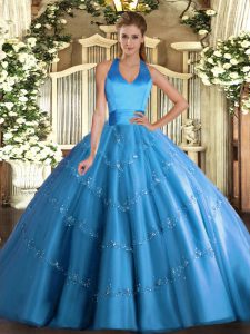 Custom Design Baby Blue Halter Top Neckline Appliques Sweet 16 Dress Sleeveless Lace Up