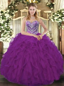 Low Price Fuchsia Sleeveless Beading and Ruffled Layers Floor Length Quinceanera Gowns
