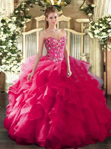 Stylish Sweetheart Sleeveless Lace Up Quince Ball Gowns Hot Pink Organza and Printed