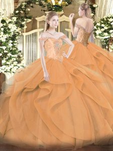 Orange Off The Shoulder Neckline Beading and Ruffles Sweet 16 Quinceanera Dress Sleeveless Lace Up