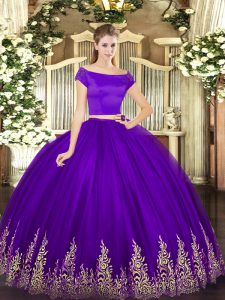 Wonderful Floor Length Zipper Vestidos de Quinceanera Purple for Military Ball and Sweet 16 and Quinceanera with Appliques