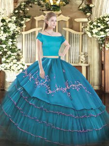 Lovely Two Pieces Sweet 16 Dress Teal Off The Shoulder Organza and Taffeta Short Sleeves Floor Length Zipper