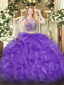 Fancy Eggplant Purple Organza Lace Up Scoop Sleeveless Floor Length Quinceanera Dresses Beading and Ruffles