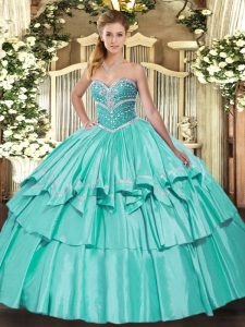 Apple Green Sleeveless Beading and Ruffled Layers Floor Length Quinceanera Dress