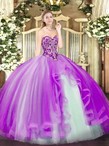 High Quality Lilac Ball Gowns Beading and Ruffles Quinceanera Gowns Lace Up Tulle Sleeveless Floor Length