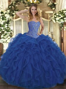 Sleeveless Tulle Floor Length Lace Up Quinceanera Gown in Royal Blue with Beading and Ruffles