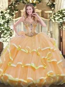 Gold Ball Gowns Organza Sweetheart Sleeveless Beading and Ruffles Floor Length Lace Up Sweet 16 Quinceanera Dress