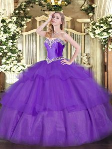 Wonderful Lavender Tulle Lace Up Sweetheart Sleeveless Floor Length Quinceanera Dresses Beading and Ruffled Layers