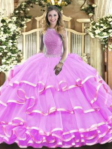 Dazzling Lilac Ball Gowns Organza High-neck Sleeveless Beading and Ruffled Layers Floor Length Lace Up 15th Birthday Dress