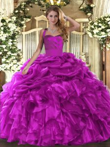 Shining Fuchsia Halter Top Neckline Ruffles and Pick Ups Quinceanera Dresses Sleeveless Lace Up