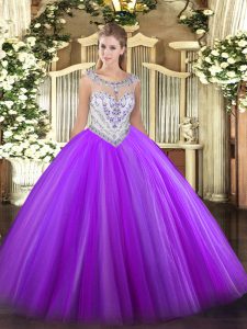 Eggplant Purple Sleeveless Floor Length Beading Zipper Quinceanera Dresses