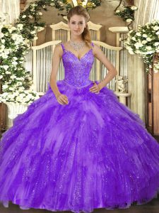 Amazing Lavender V-neck Neckline Beading and Ruffles Sweet 16 Dress Sleeveless Lace Up