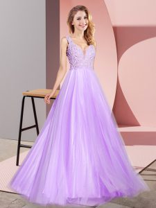 Sweet V-neck Sleeveless Tulle Prom Dress Lace Zipper