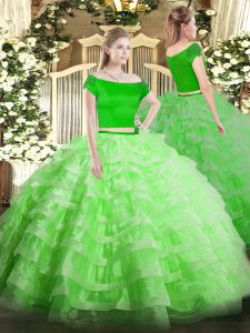 Designer Off The Shoulder Neckline Appliques and Ruffled Layers Sweet 16 Quinceanera Dress Short Sleeves Zipper