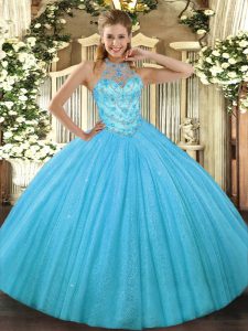Fitting Tulle Sleeveless Floor Length Sweet 16 Dresses and Beading and Embroidery