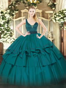 Floor Length Teal Sweet 16 Dresses Organza Sleeveless Beading and Ruffled Layers