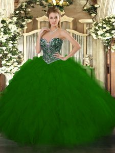 Sophisticated Beading and Ruffles Ball Gown Prom Dress Green Lace Up Sleeveless Floor Length