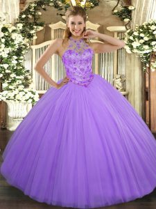 Flare Lavender Ball Gowns Beading Quinceanera Gown Lace Up Tulle Sleeveless Floor Length