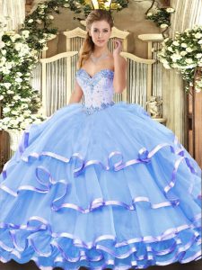 New Style Organza Sweetheart Sleeveless Lace Up Beading and Ruffled Layers Sweet 16 Dress in Blue